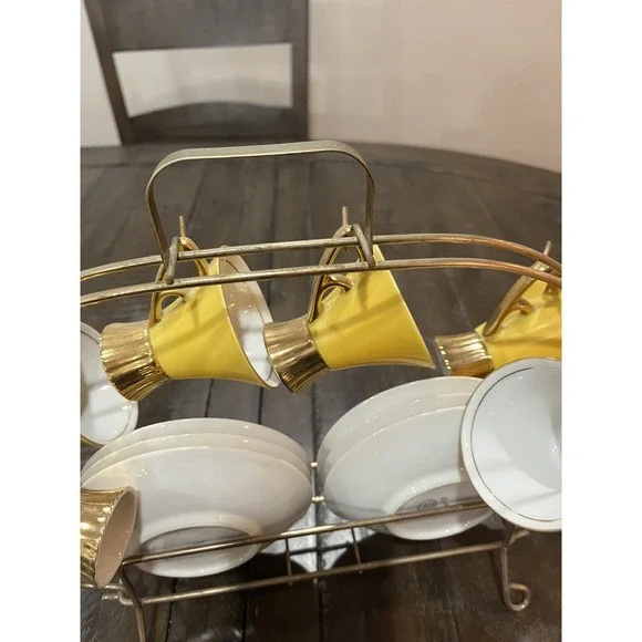 Vintage Napco Tea Set Yellow Gold Rack Leaf Saucer 4ZD-5415 Porcelain‎ Set Of 6